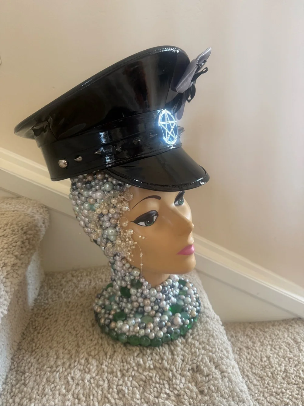 Black Patent Captain Hat with Silver Pentagram & Bat Bow
